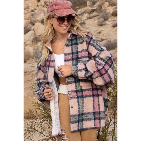SOLD OUT Pink Plaid Distressed Boho Oversized Shacket - Picture 3 of 9